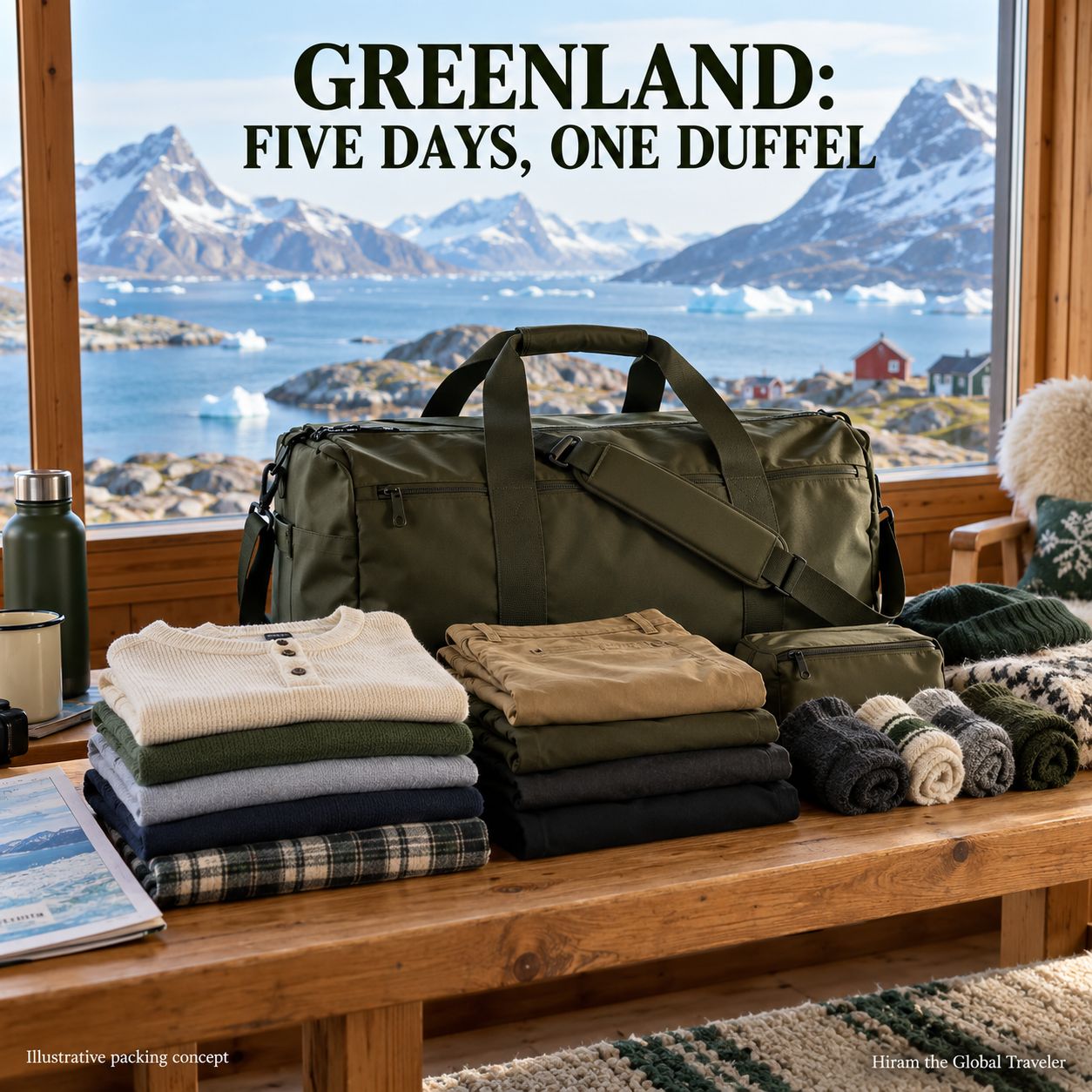 Illustrative Greenland scene with an olive duffel and folded adventure clothing