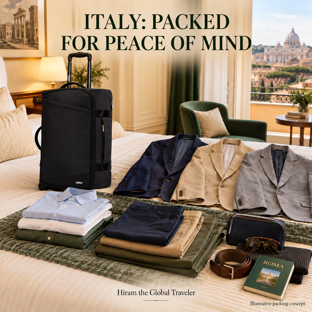 Illustrative Rome packing scene with the reference-based black Halfday upright roller, three sport jackets and folded clothing
