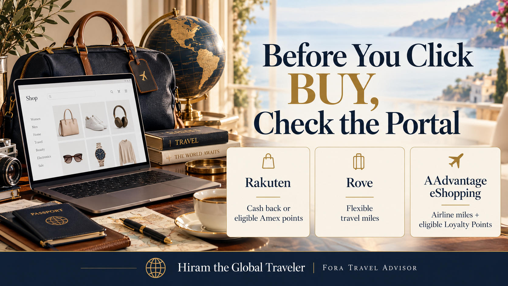 Before You Click BUY, Check the Portal. Rakuten: cash back or eligible Amex points. Rove: flexible travel miles. AAdvantage eShopping: airline miles plus eligible Loyalty Points.